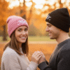 A close up, outdoor portrait of a smiling couple in an autumn setting with a blurred background of orange trees and leaves. The woman is wearing a pink beanie with white "Mrs." embroidery and the man is wearing a black beanie with white "Mr." embroidery. They are holding hands and facing each other, with the woman looking directly at the camera.