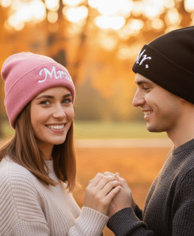 A close up, outdoor portrait of a smiling couple in an autumn setting with a blurred background of orange trees and leaves. The woman is wearing a pink beanie with white "Mrs." embroidery and the man is wearing a black beanie with white "Mr." embroidery. They are holding hands and facing each other, with the woman looking directly at the camera.