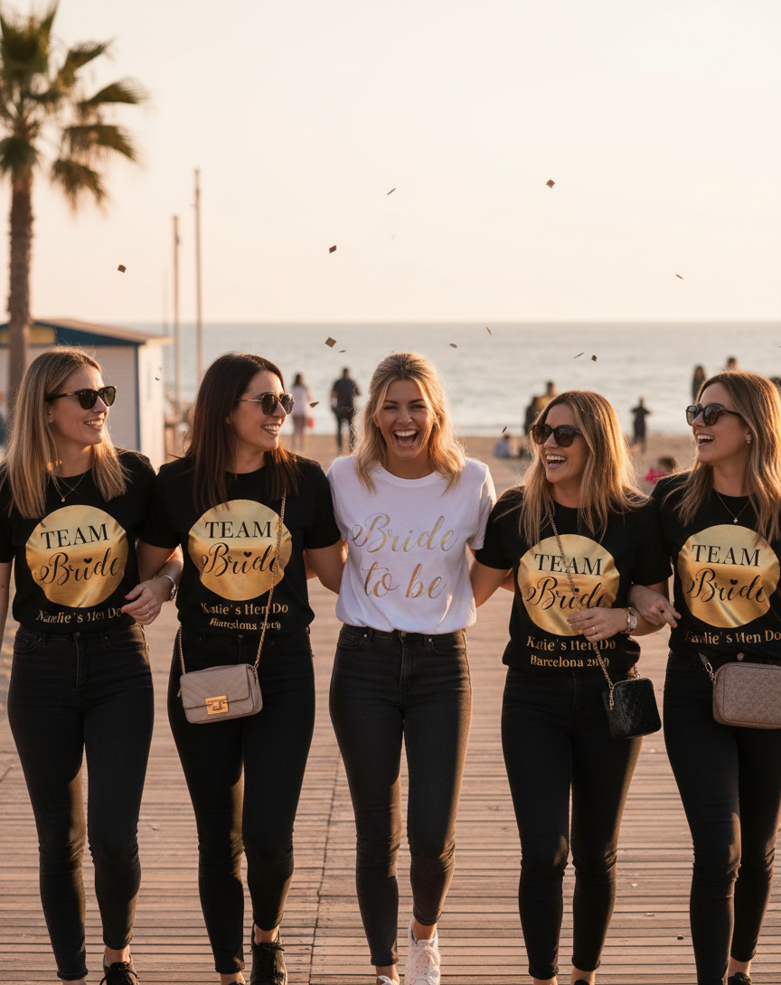A group of five women, all smiling and linking arms, walk toward the viewer on a wooden boardwalk near a beach at sunset. Four of the women wear matching black t-shirts with a smaller gold circular "TEAM Bride" logo. The woman in the center, the bride, wears a white t-shirt with a smaller gold "Bride to be" logo. All are wearing black jeans and sunglasses. Confetti falls around them.