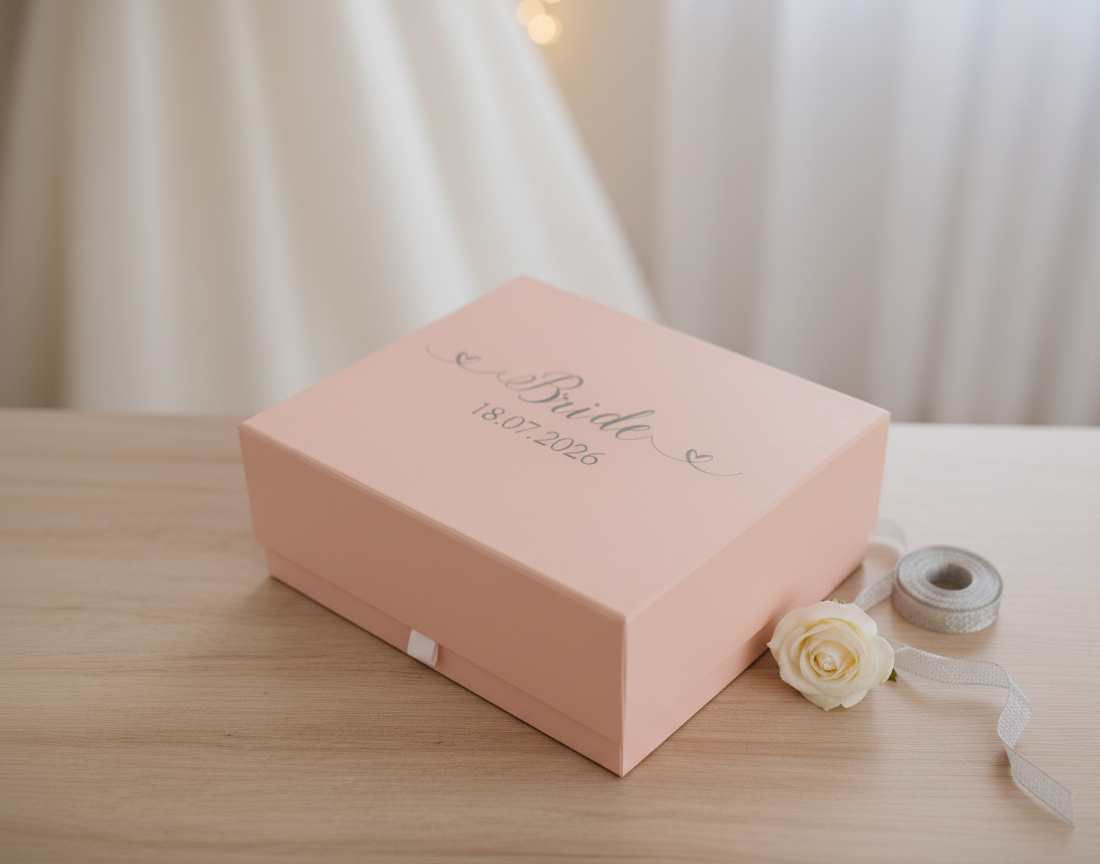 Elegantly displayed pink custom gift box for a bride, featuring "Bride" and the wedding date "18.07.2026" on the lid, perfect for bridal shower gifts or wedding morning preparations.