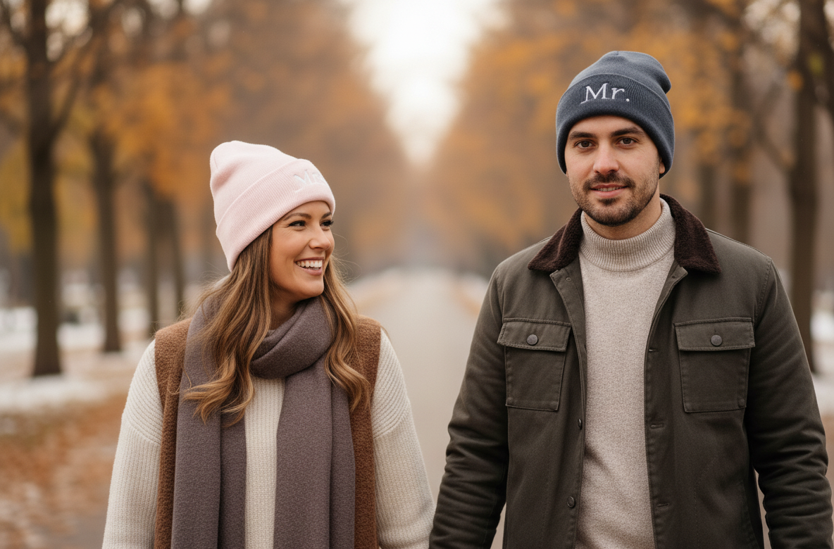 A close-up, face-on lifestyle image of a couple and two small children sitting on a snowy bench outdoors, smiling and wearing matching white bobble hats. The woman's hat has "Mrs" embroidered on the front, and the man's hat has "Mr" embroidered on the front. They are all bundled up in warm clothing, with a snowy winter landscape and pine trees visible in the soft background.