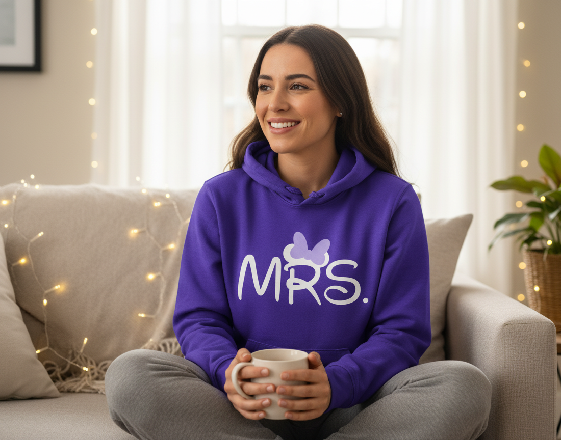Lifestyle image of a woman sitting down and wearing a comfortable purple hoodie and trousers, clearly displaying the personalised white text "Mrs" on the front, ideal for bridal loungewear and personalised gifts.