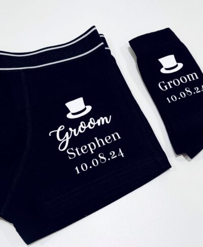 Personalised groom boxers and socks set in black