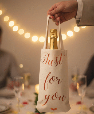 A hand wearing a suit jacket sleeve is holding up a canvas wine bottle bag containing a bottle of champagne. The bag is cream colored with copper foil script that reads "Just for you" and a small heart at the bottom. The background shows a dimly lit formal dinner table with champagne flutes, scattered rose petals, a lit candle, and blurred figures of people seated, suggesting a celebration or romantic setting.