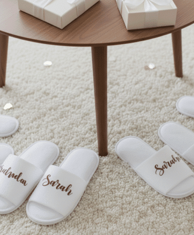 lifestyle shot of several pairs of white open-toe spa slippers arranged on a plush cream carpet. Each slipper features personalised names like 'Sarah' and 'Melinda' or titles like 'Maid of Honour' in elegant rose gold cursive script. A wooden coffee table with white gift boxes and pink confetti is partially visible in the blurred background.