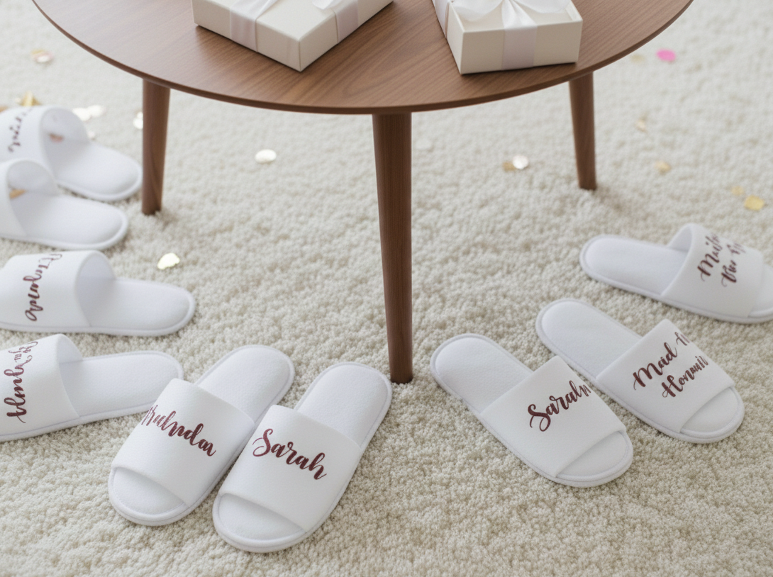 lifestyle shot of several pairs of white open-toe spa slippers arranged on a plush cream carpet. Each slipper features personalised names like 'Sarah' and 'Melinda' or titles like 'Maid of Honour' in elegant rose gold cursive script. A wooden coffee table with white gift boxes and pink confetti is partially visible in the blurred background.