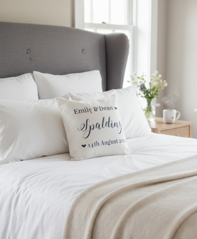 A white throw pillow with dark blue text reading "Emile & Dean, Spalding, 14th August 2021" is placed on a neatly made bed. The bed has a grey upholstered winged headboard, white linens, a beige knit throw blanket, and several white pillows. A wooden nightstand beside the bed holds a vase with small wildflowers and a steaming mug.