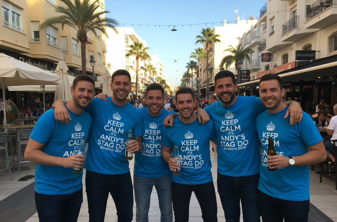 Custom stag do t-shirts blue matching group photo in Benidorm. Group of men wearing matching blue stag party tops drinking beer. Stag do tops with 'Keep Calm and It's Andy's Stag Do' slogan.