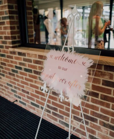 Clear Acrylic Wedding Welcome Sign with personalised names and wedding date