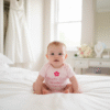 A delightful image of a baby sitting up on a white, duvet covered bed in a bright room, likely a bridal suite on a wedding morning. The baby is wearing a short sleeved, light pink baby grow. The baby grow is printed with a bright pink flower graphic and the text, "Flower Girl," followed by "Scarlett" and the date "16.04.20." In the softly focused background, a white wedding dress hangs on a closet door and a dressing table holds a bouquet of flowers and jewellery.