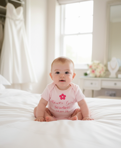 A delightful image of a baby sitting up on a white, duvet covered bed in a bright room, likely a bridal suite on a wedding morning. The baby is wearing a short sleeved, light pink baby grow. The baby grow is printed with a bright pink flower graphic and the text, "Flower Girl," followed by "Scarlett" and the date "16.04.20." In the softly focused background, a white wedding dress hangs on a closet door and a dressing table holds a bouquet of flowers and jewellery.