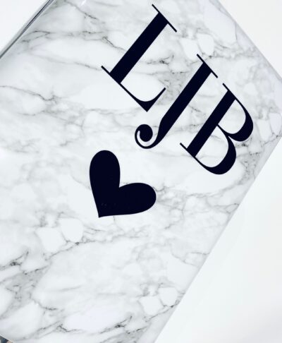 Personalised white marble suitcase with rose gold initials