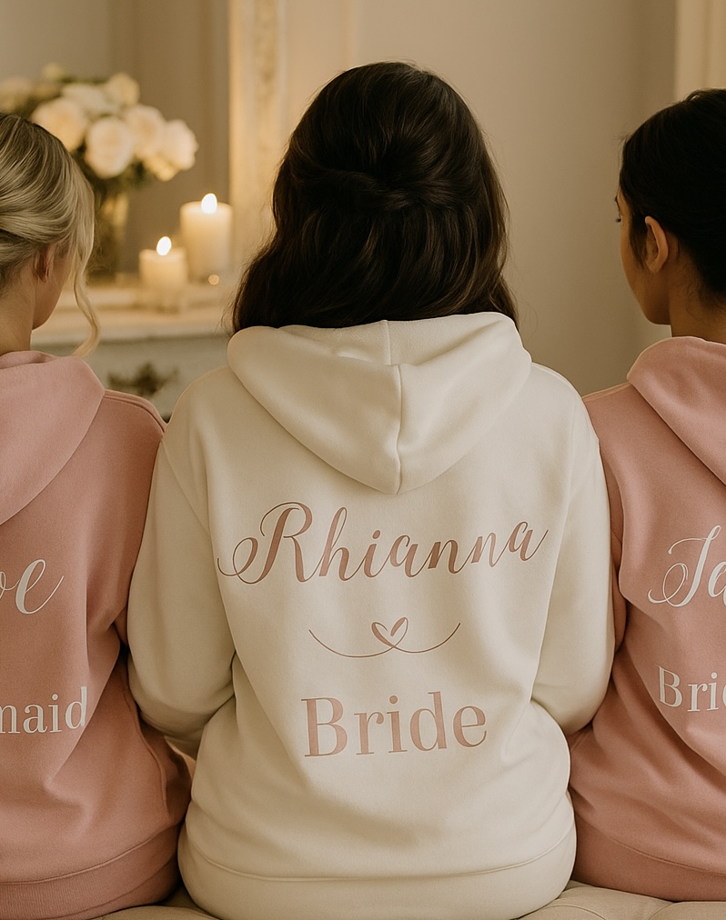Personalised women’s fit bridesmaid hoodie in soft cotton, custom printed with name or wedding role – perfect bridal party gift and keepsake.