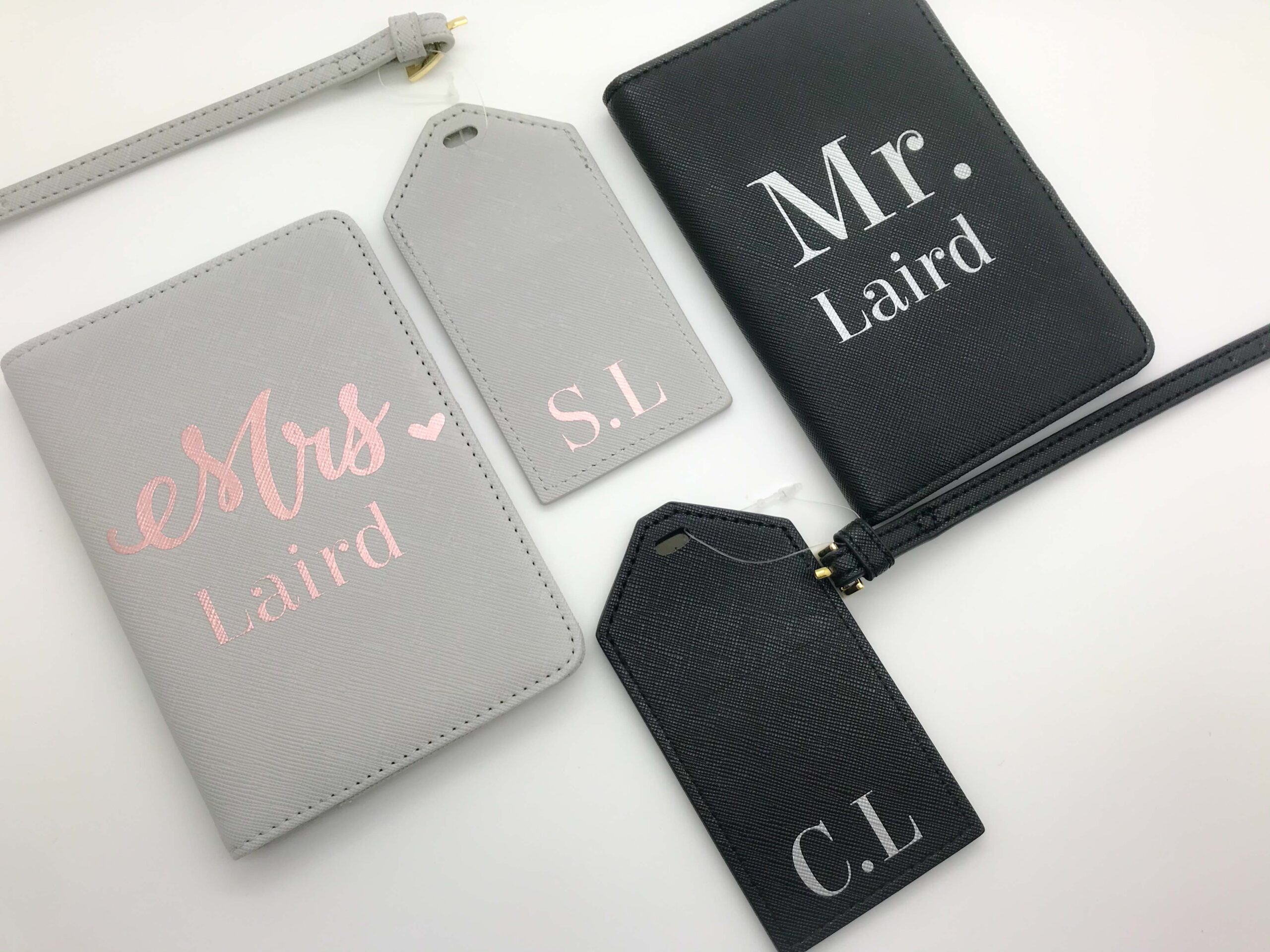 Mr & Mrs passport cover and luggage tag travel gift set