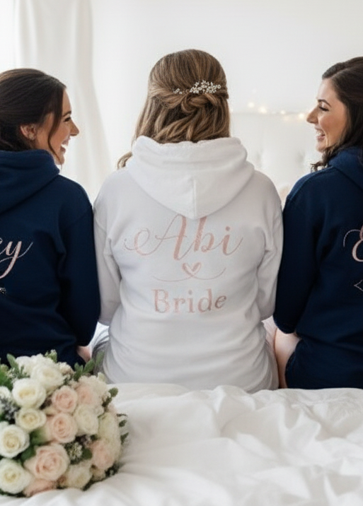 Bride in a white 'Mrs.' hoodie posing with her bridesmaids in matching 'Bridesmaid' hoodies, showing off wedding day preparation comfort wear.