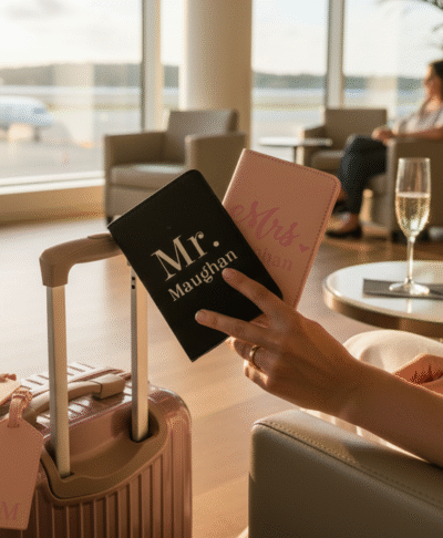 Close up of matching pink 'Mrs.' and black 'Mr.' passport covers and luggage tags, stylised for a couple on their honeymoon or romantic travel.