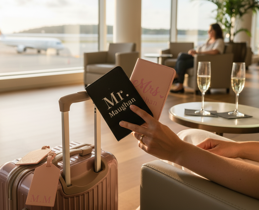 Close up of matching pink 'Mrs.' and black 'Mr.' passport covers and luggage tags, stylised for a couple on their honeymoon or romantic travel.