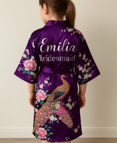 Flower girl wearing a personalised satin robe with peacock design