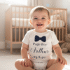 Personalised 'Page Boy' baby grow for a toddler, featuring a bow tie and custom name 'Arthur' with a wedding date '29.8.20'. Ideal outfit or gift for a ring bearer, wedding day, or baby shower.