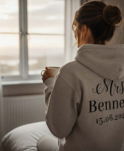 Personalised 'Mrs.' wedding hoodie worn by a bride to be, displaying her new name and wedding date on the back. Ideal custom apparel for bridal showers, hen dos, and newlywed gifts.