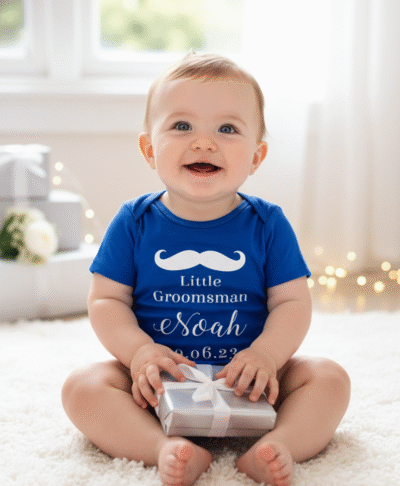 A joyful baby is sitting cross legged on a plush white rug, looking directly at the camera with a wide, happy smile. The baby is wearing a short-sleeved, bright blue bodysuit with white text and graphics that read: a mustache icon, "Little Groomsman Noah 30.06.23". The baby is holding a small, silver-wrapped gift box tied with a white ribbon in their hands. The background is softly blurred, showing a bright, airy space with white walls, soft lighting, and more silver-wrapped gifts and string lights, suggesting a festive or wedding related celebration.