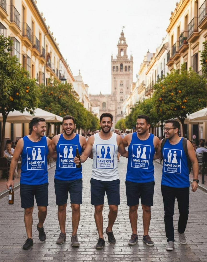 Five men are walking toward the camera on a cobblestone street in a historic European city, likely Seville, Spain. They are all wearing tank tops with a "GAME OVER Chris's Stag Spain 2024" graphic. Four men wear blue vests with white text, and the man in the center wears a white vest with blue text. The men on the ends are holding a glass bottle of beer. The background features yellow buildings with orange trees and the Giralda bell tower in the distance.