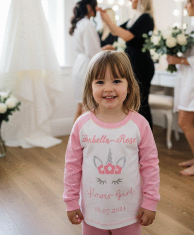 Lifestyle image of a flower girl smiling and getting ready in a bright room on the morning of a wedding, wearing white and pink personalised "Flower Girl" pyjamas, capturing a sweet moment of wedding preparation.