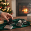 A close up lifestyle image of a hand placing a custom personalised black lighter (with "JASON") into a metal tin, with two other personalised lighters ("CAR" and "RS") in tins, on a wooden table with a Christmas tree and fireplace in the background.