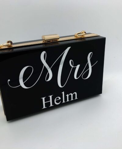 personalised black clutch bag with marble writing