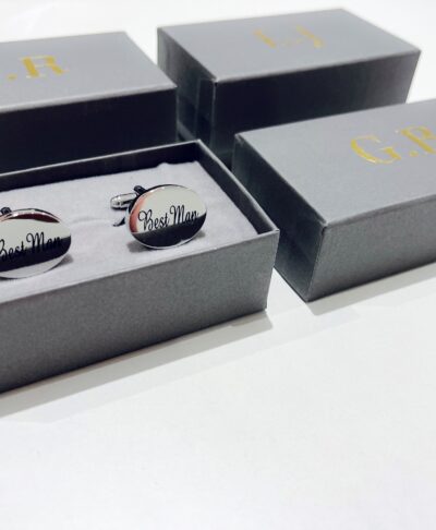 Personalised engraved cufflinks with “Best Man” design, displayed in a luxury gift box – ideal wedding gift for grooms, best men, ushers, and fathers.