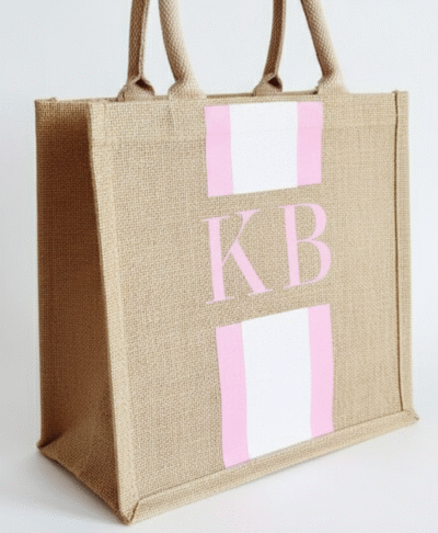 Personalised natural jute tote bags with pink stripe detail and pink initial monogram, perfect as bridesmaid gifts, wedding welcome bags, or hen party favours.