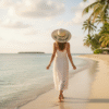Woman wearing a wide brimmed straw sun hat on her honeymoon, standing on a tropical beach with turquoise water and palm trees in the background