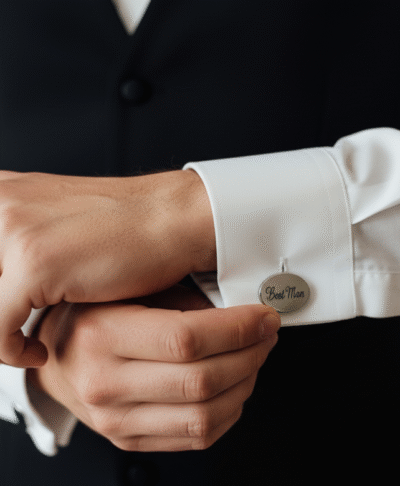 Close up photo of a best man wearing silver circular 'Best Man' engraved cufflinks on a crisp white shirt, perfect groom party gift.