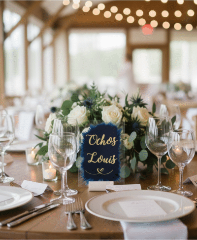 A close up of a decorated wedding reception table setting, featuring a clear, acrylic table number card with gold toned text reading "Table Two." The card is placed on a simple white tablecloth alongside elegant glassware, white ceramic plates, and cutlery, with a soft floral arrangement nearby, creating a chic and modern wedding decor scene.