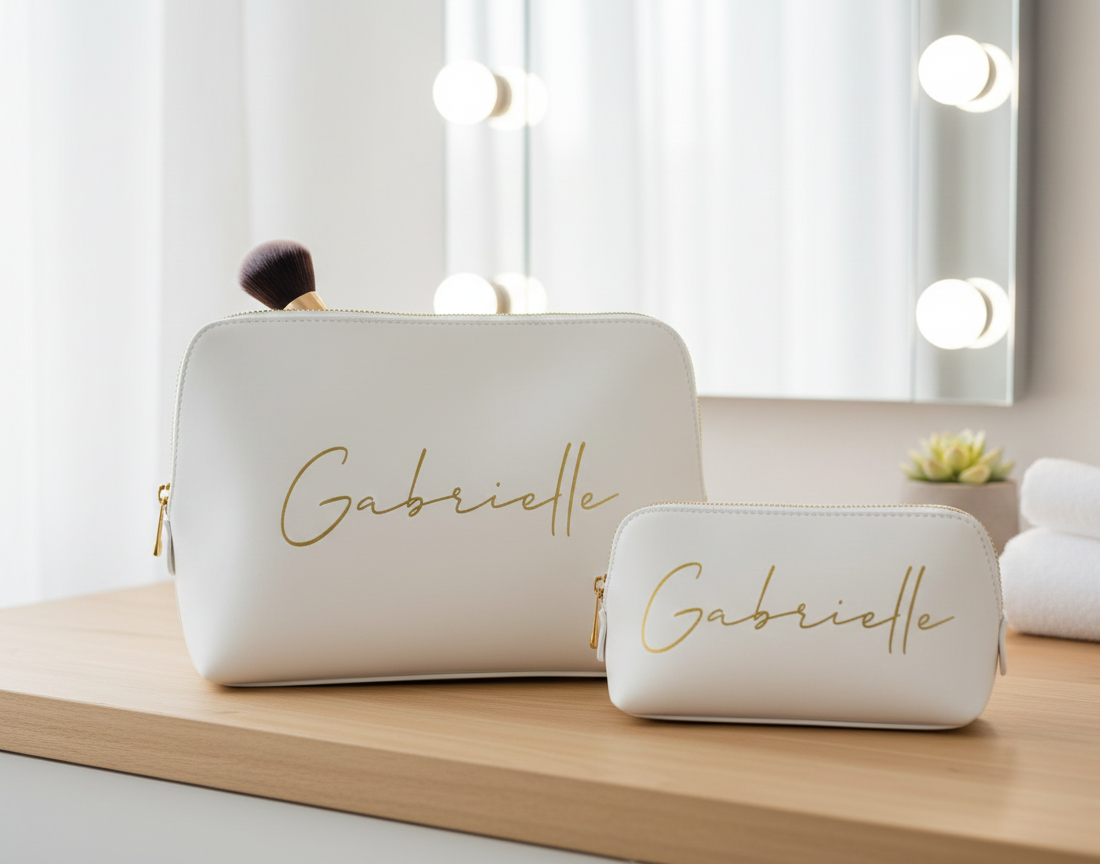 Personalised ivory makeup bags (large and small) with gold 'Gabrielle' script. Perfect as bridesmaid gifts, wedding favours, or custom bridal party accessories. Ideal for 'Will you be my bridesmaid?' proposals and bachelorette party keepsakes.