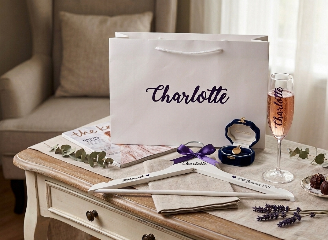 A personalised wooden bridesmaid hanger and gift box set on an elegant white table, featuring a custom name "Charlotte", an amethyst purple ribbon, and eucalyptus and lavender accents.