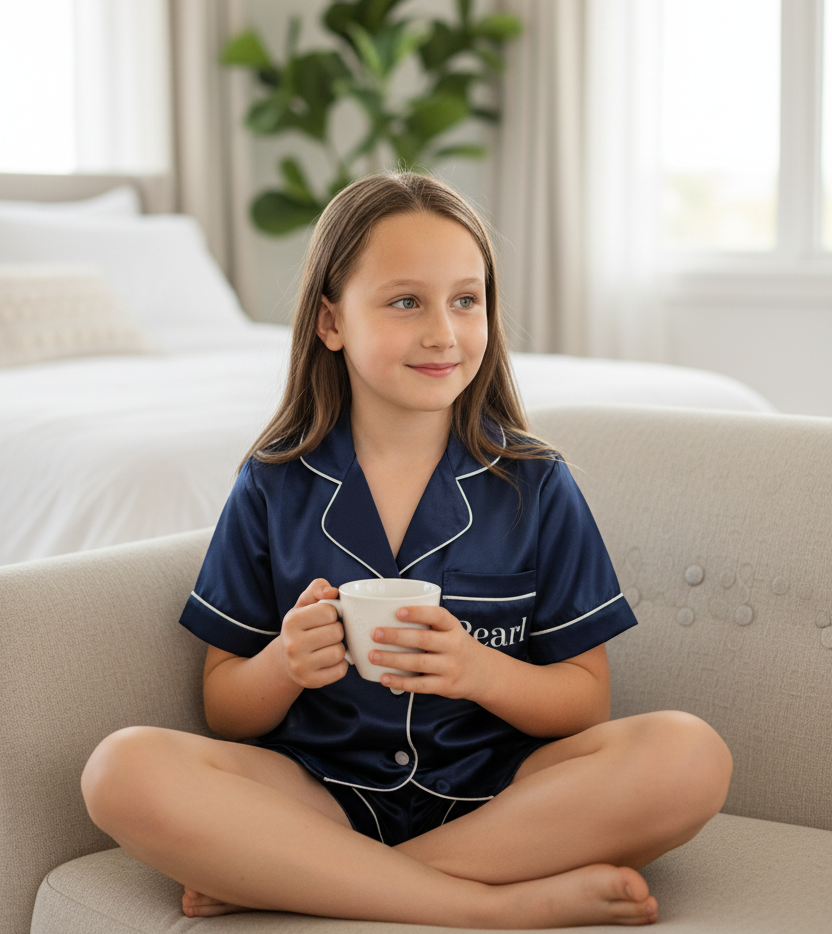 A young girl is sitting comfortably on a sofa in a warm, inviting setting. She is wearing satin navy blue short pyjamas. The pyjama top has a pocket with the name "Pearl" printed on it in a white color. Her hands are holding a mug and she appears relaxed. The background is softly lit, suggesting a cosy, indoor scene.