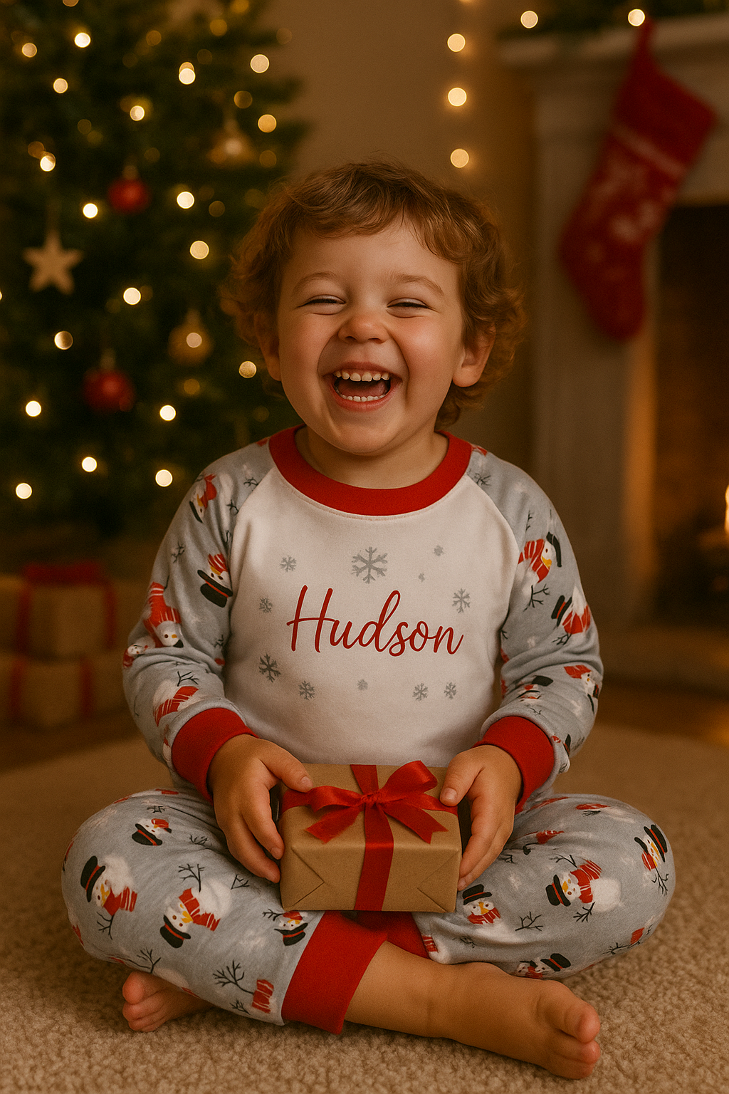 Child wearing festive Christmas pyjamas featuring a cheerful snowman design, with long sleeves and cosy matching bottoms, perfect for holiday celebrations.