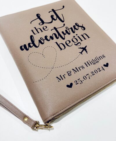 Personalised Mr & Mrs Travel Wallet Organiser with honeymoon date and surname printed – wedding gift passport holder