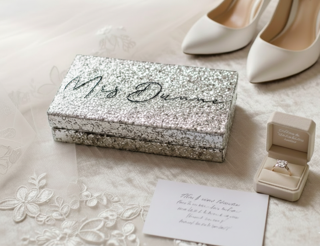 A silver glitter clutch bag is displayed on white, lace edged bridal fabric next to a pair of white pointed toe high heeled shoes, an open beige ring box containing a diamond engagement ring, and a small handwritten note on a white card.