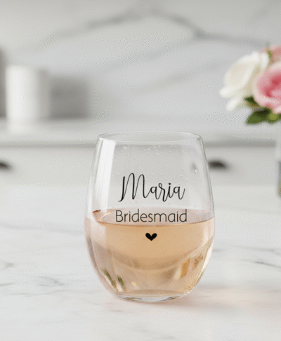 Personalised champagne glass with "Bridesmaid" written in gold script. The glass is filled with champagne in a relaxed, celebratory setting, perfect for wedding morning photos or bridesmaid gifts.