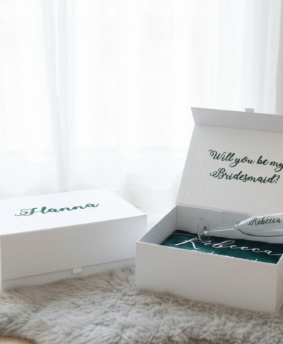 A lifestyle photo of a white bridesmaid gift box open on a furry rug. Inside are green satin items labeled 'Rebecca Bridesmaid' and a hand placing a personalised champagne flute inside. A second box lid labeled 'Will you be my bridesmaid?' and a third lid labeled 'Hanna' are visible. White roses are in the background.