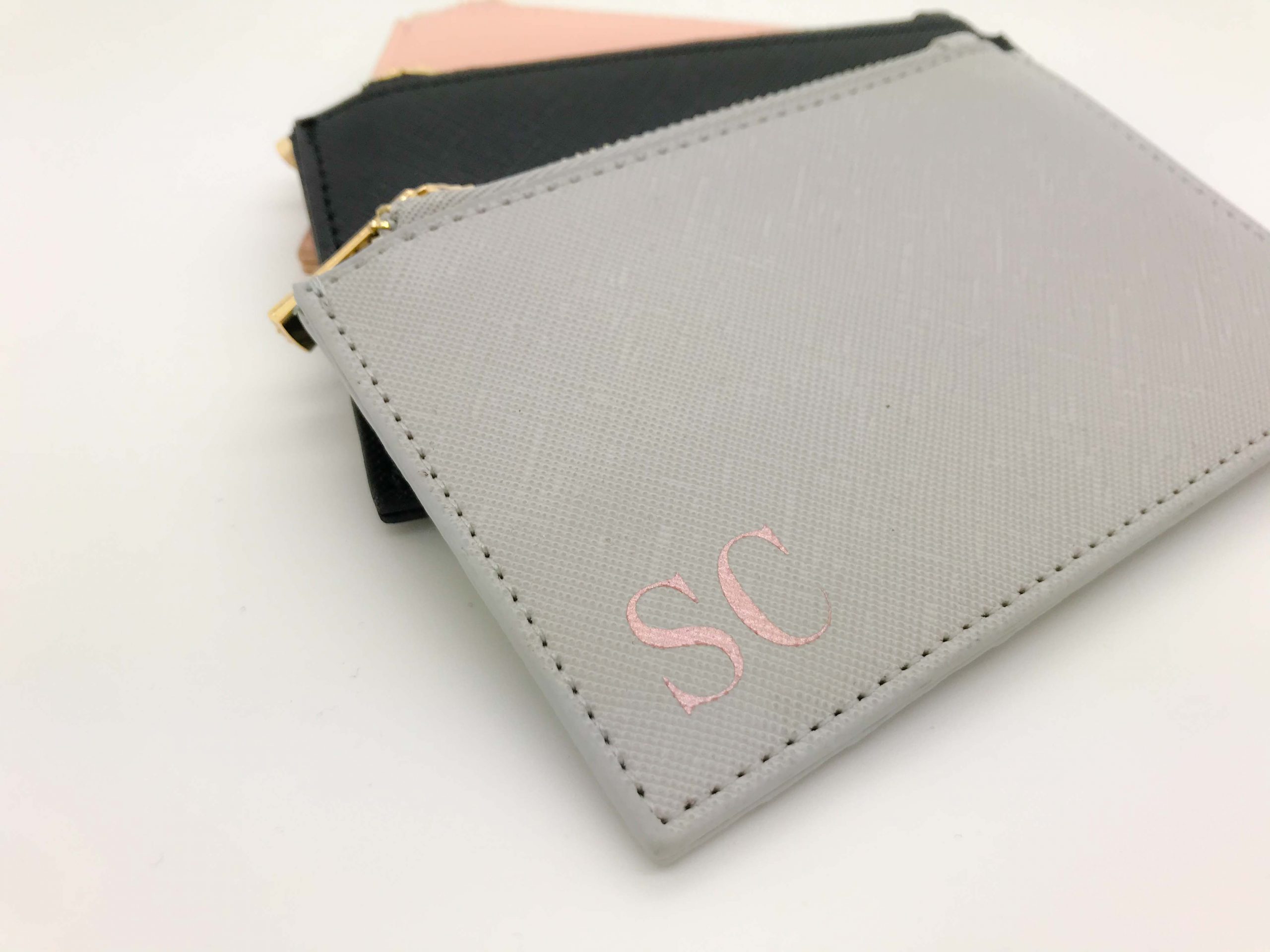 Personalised monogram initials card holder in pink faux leather