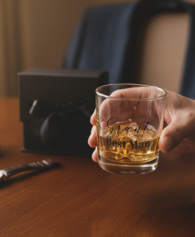A close up, warm-toned image of a man's hand in a formal suit jacket holding a whiskey glass filled with ice and amber liquid. On the dark wooden table are wedding related items, including an open ring box with a ring, a watch, a gift box, and an empty shot glass personalised with "Grant Best Man."