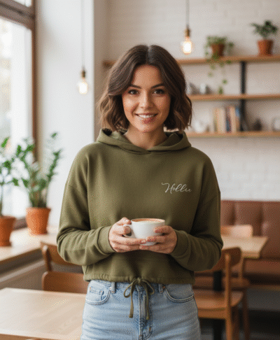 A lifestyle image of a young woman standing and smiling, holding a small white coffee cup with both hands. She is wearing a khaki green, cropped hoodie with a drawstring at the bottom hem, paired with light wash blue jeans. The hoodie is personalised with the name "Hollie" in white script on the chest. The background is a bright, modern cafe with large windows and wooden tables.