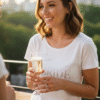 Smiling bride to be wearing a white personalised 'Bride' shirt, holding a glass of champagne while celebrating, ideal for hen parties or wedding morning preparations.