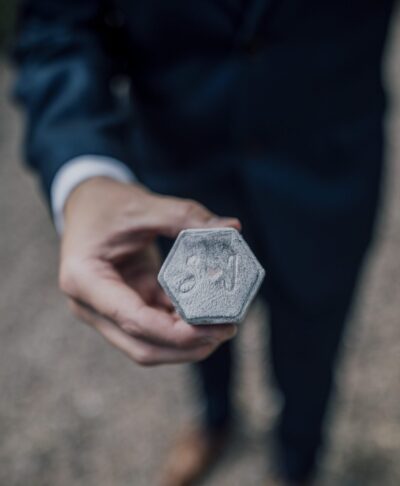 Personalised initials wedding ring box with custom engraving in hexagon shape