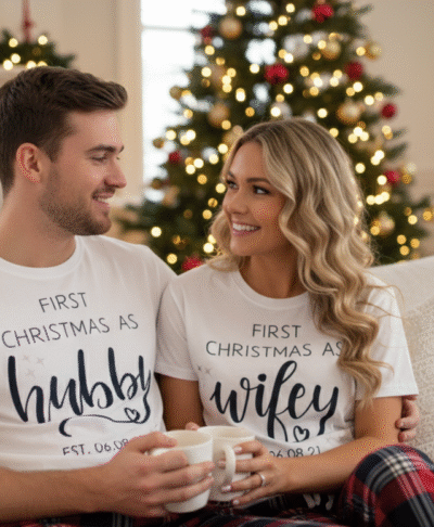 A happy husband and wife are posing together in a cosy Christmas setting. The wife is wearing short-sleeve white pajamas with red check trousers, and the top has navy text. The husband is wearing short-sleeve white pyjamas with grey check trousers, and his top has navy text. They are likely sitting near a decorated Christmas tree or fireplace, creating a festive, warm atmosphere.