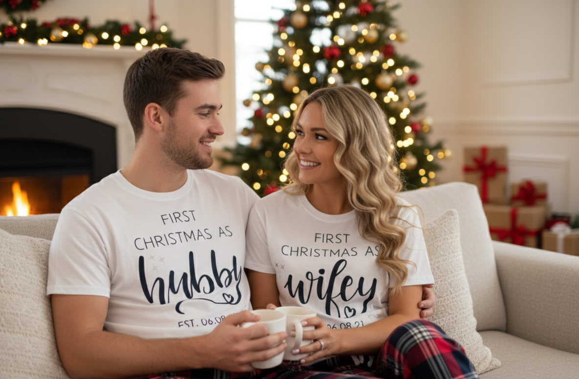 A happy husband and wife are posing together in a cosy Christmas setting. The wife is wearing short-sleeve white pajamas with red check trousers, and the top has navy text. The husband is wearing short-sleeve white pyjamas with grey check trousers, and his top has navy text. They are likely sitting near a decorated Christmas tree or fireplace, creating a festive, warm atmosphere.