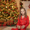 An image of a young girl sitting on a fluffy white rug in front of a brightly lit Christmas tree. She is wearing personalised red pyjamas with white piping and a white printed name, "Ava," on the pocket. She is holding a small, wrapped gift and smiling gently at the camera. The background is a cosy, festive living room with a fireplace and Christmas stockings visible.
